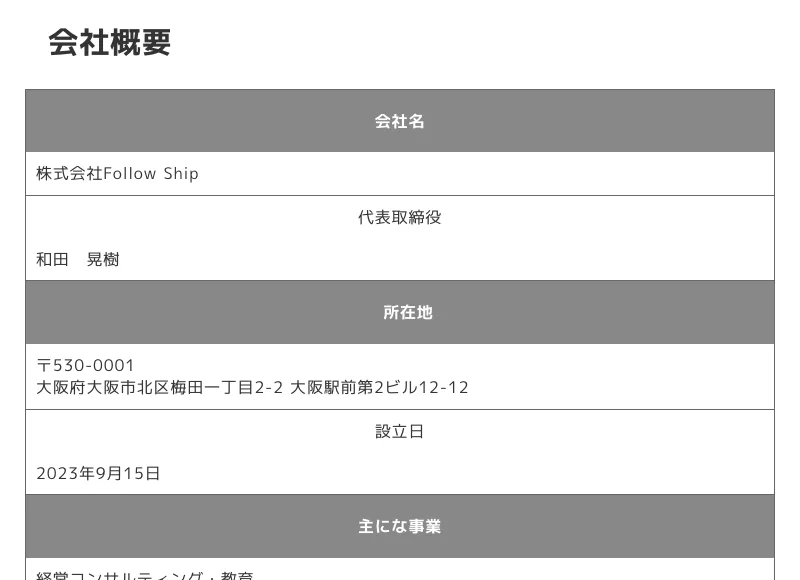 株式会社Follow Shipの会社概要。代表取締役は和田晃樹、所在地は大阪府大阪市北区梅田、設立日は2023年9月15日と記載されている