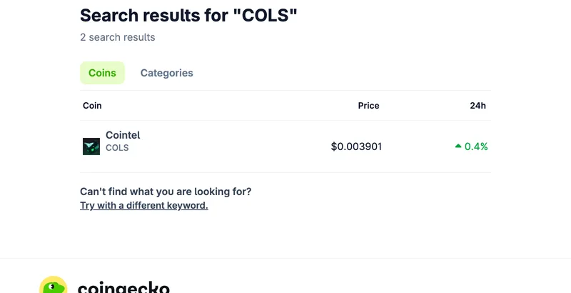 CoinGeckoの検索結果。COLSはCointelというプロジェクトのコインとして表示され、価格は1枚あたり0.003901ドルと出ている