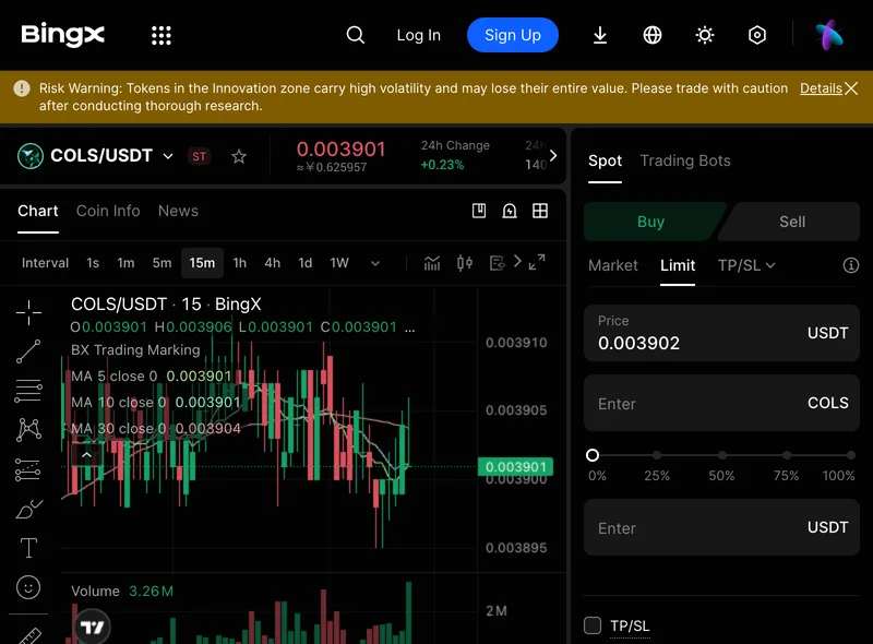 海外取引所BingXのCOLS/USDT取引画面。上部に『Innovation zoneのトークンは価格変動が大きく、全額を失う可能性がある』というリスク警告が表示されている