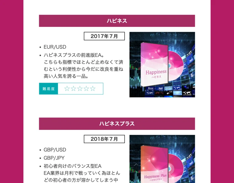 開発者フィアナの自動売買ソフト一覧ページ。EA業界は月利で戦っていくため、ほとんどの初心者が資金を溶かしてしまうと書かれている