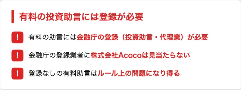 有料で投資のアドバイスをするには、本来は金融庁の登録が必要だが、株式会社Acocoは投資助言・代理業の登録が確認できないことを示した図
