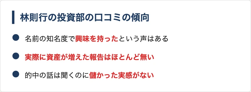 林則行の投資部の口コミの傾向。名前の知名度をきっかけに申し込んだという声はあるが、実際に投資部で資産が増えたという具体的な成果報告はほとんど見つからないことをまとめた図