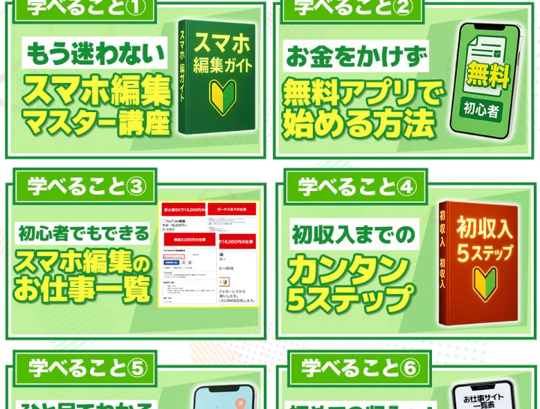 スマホ編集マスター講座や無料アプリで始める方法など、学べること6つが並んだ広告ページの中身