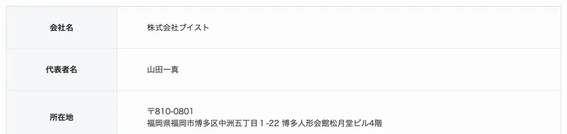 会社名は株式会社ブイスト、代表者は山田一真、設立日は2022年12月5日と書かれた会社概要のページ