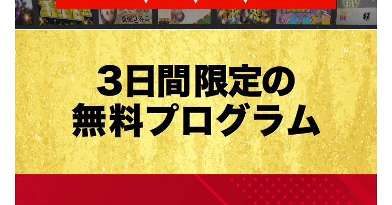 動画を最後まで見た方は下をご覧くださいと案内し、3日間限定の無料プログラムへ誘導する画面