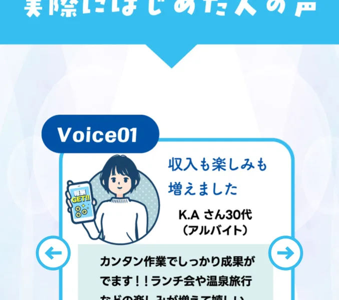 広告ページ内の体験談。『収入も楽しみも増えました』としてアルバイトのK.Aさん30代のコメントを載せている