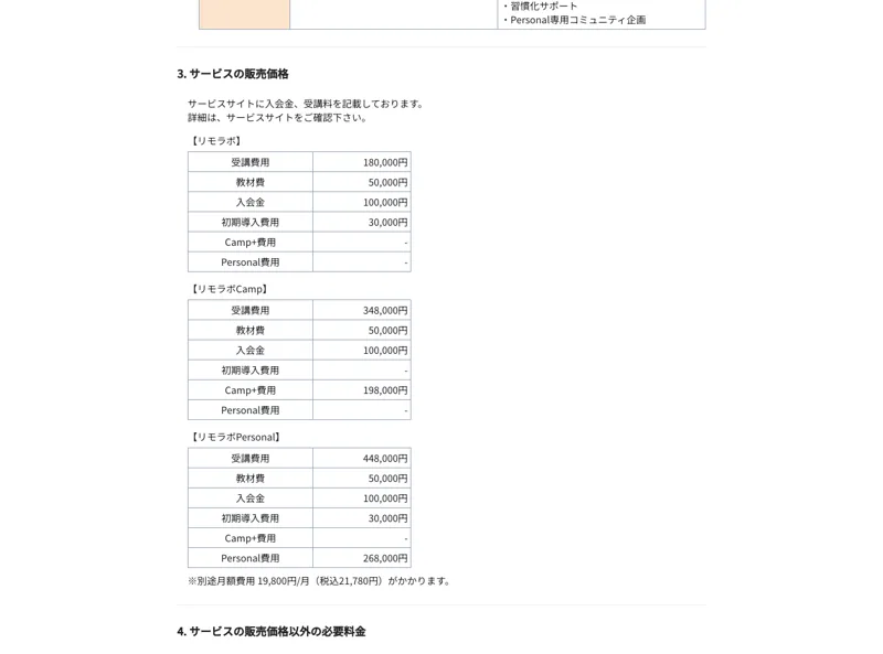 リモラボの特定商取引法に基づく表示にある料金表。受講費用18万円から44万8千円、入会金10万円、別途月額19,800円などが記載されている