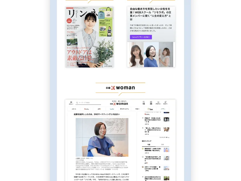 リモラボがリンネルや日経xwomanなどのメディアに紹介されたという実績の表示