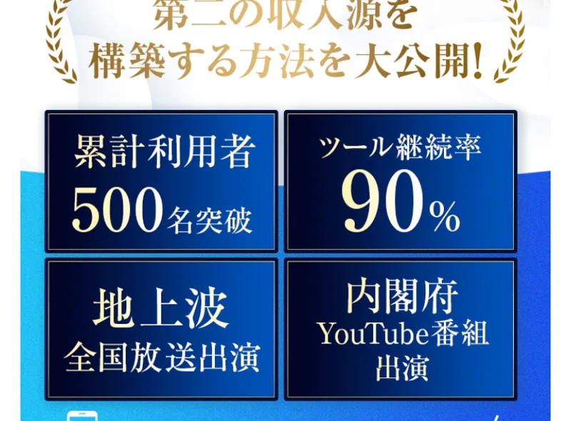 累計利用者500名突破、ツール継続率90%、地上波全国放送出演、内閣府YouTube番組出演と4つの実績が並ぶ広告画像