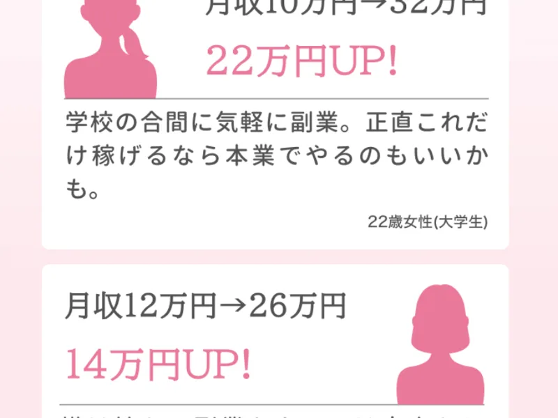 月収0万円から36万円、10万円から32万円などと大幅な収入アップをうたう利用者の声を並べた画像
