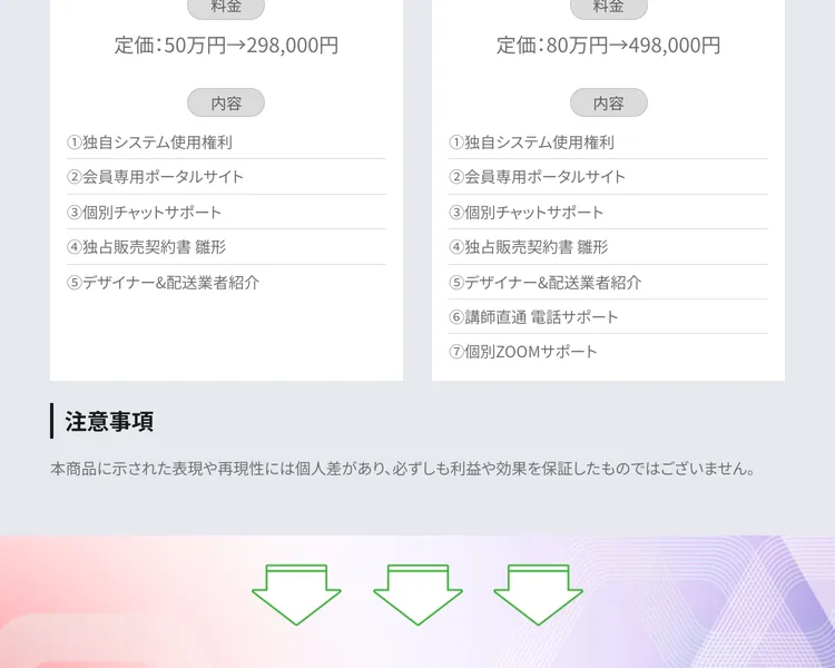 プラン①は定価50万円が298,000円、プラン②は定価80万円が498,000円で、システム利用権やチャットサポートが付くと書かれた料金表