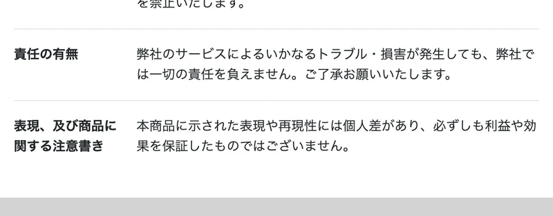 特商法ページの記載。サービスでトラブルや損害が発生しても一切の責任を負わず、利益や効果を保証したものではないと書かれている