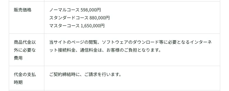 特定商取引法の表記。ノーマルコース598,000円、スタンダードコース880,000円、マスターコース1,650,000円と記載されている