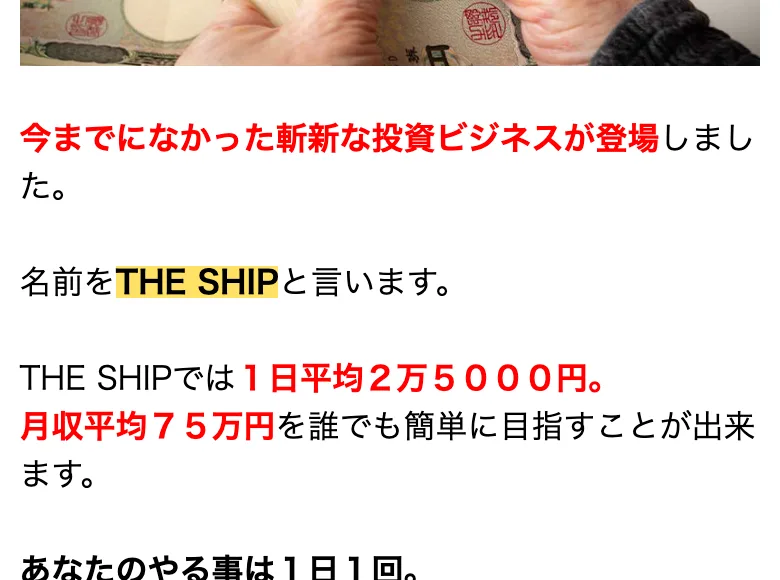 今までになかった斬新な投資ビジネスが登場、名前をTHE SHIPと言い、1日平均2万5000円、月収平均75万円を誰でも簡単に目指せると書かれた説明