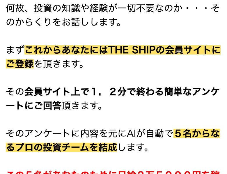 専属の投資チームTHE SHIPが、あなたは船長となって乗組員が稼いだお金を受け取る稼ぎ方だと説明し、パートナーや投資家、エンジニアなど5名の内訳を挙げている画像