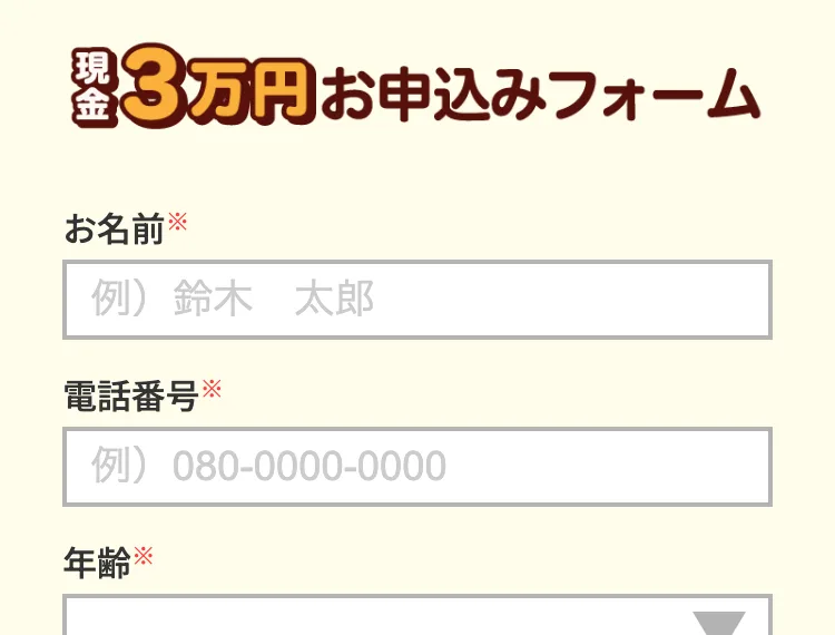 お名前と電話番号を入力させる、現金3万円お申込みフォームの入力画面