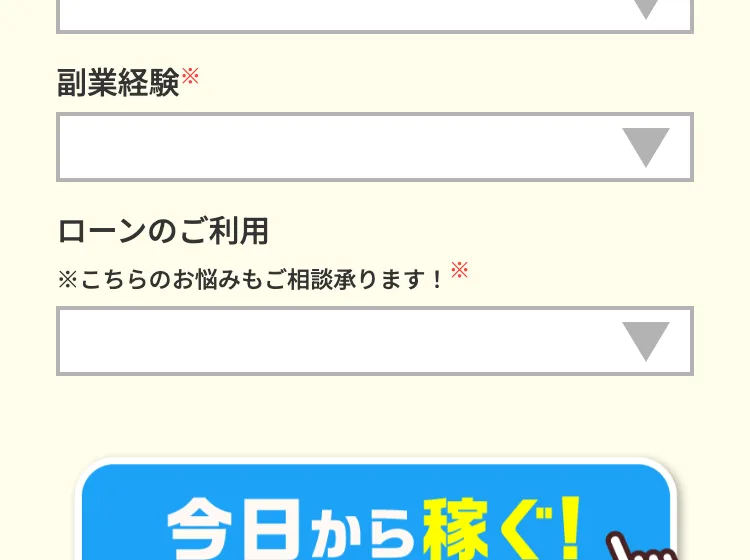 申し込みフォームの下部にある副業経験と、ローンのご利用を尋ねる入力欄の画面