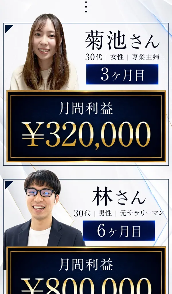 谷さんが利益と運用益で120万円、FIRE達成という実績が大きく表示されている